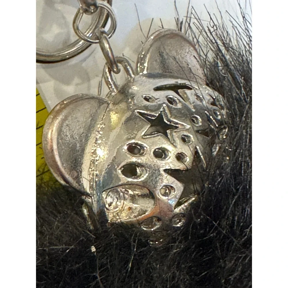 Black Faux Fur Pom Pom Bear Keychain Rhinestone Bag Charm Silver Tone Star Back